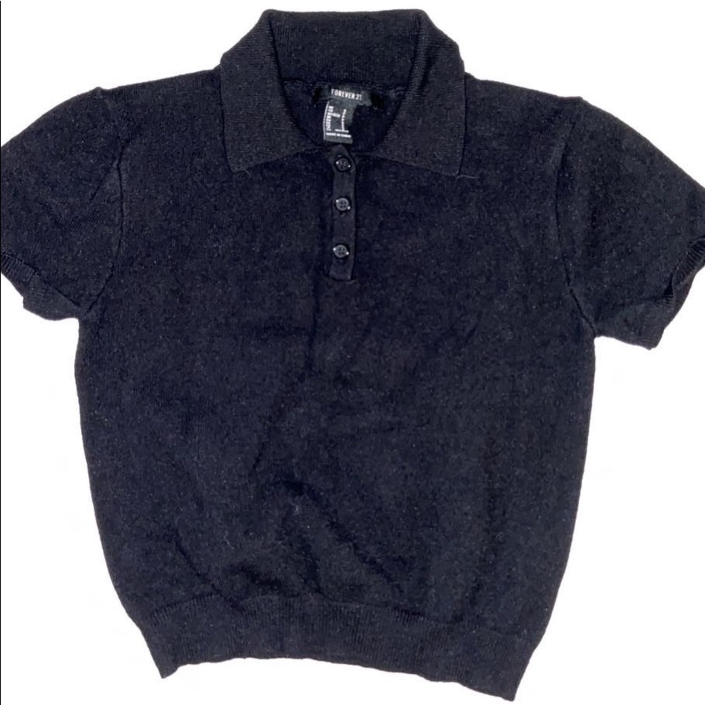Black forever 21 half button up collar short sleeve crop top